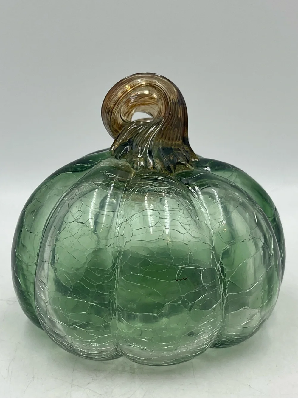 Vintage Hand Blown Green Ombre Crackle Art Glass Pumpkin with Amber Twisted Stem